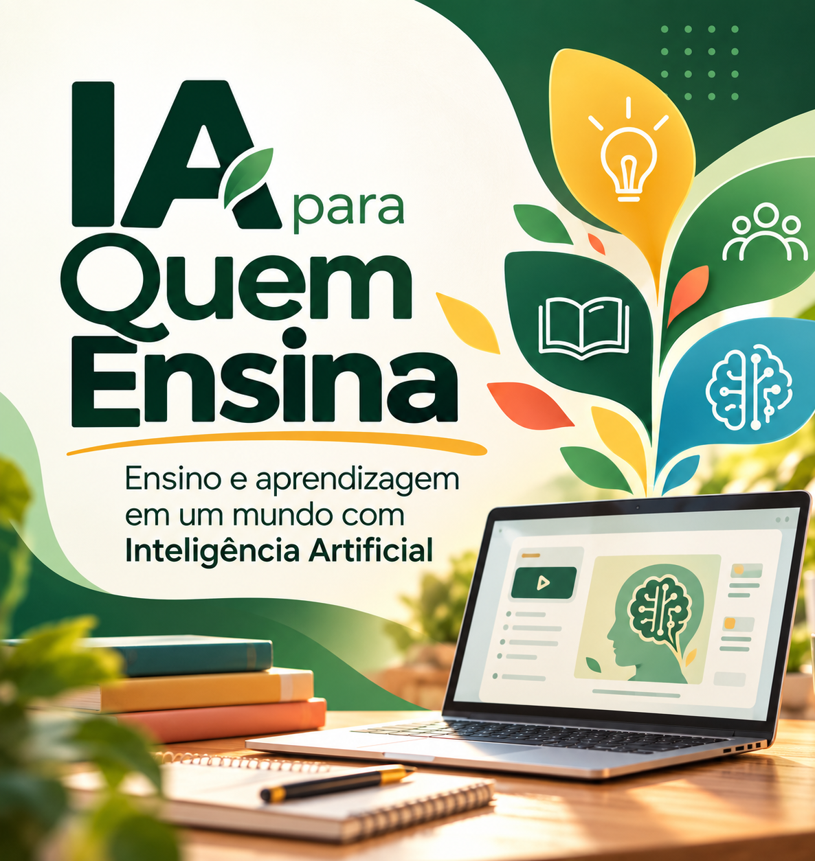 Notebook aberto em ambiente de estudos com elementos gráficos que representam educação e Inteligência Artificial
